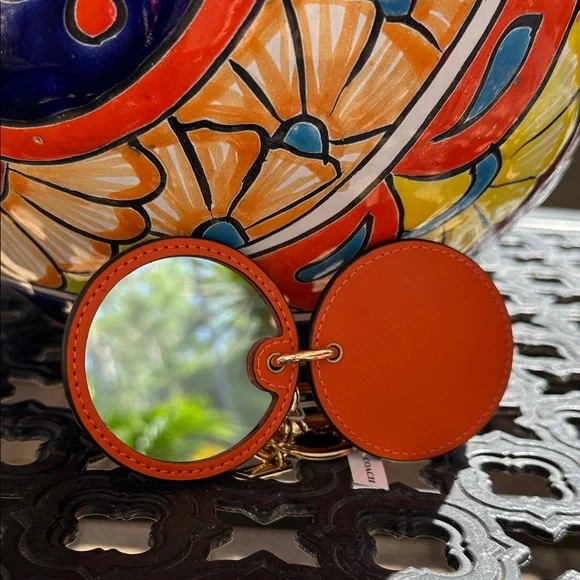 Coach Vibrant Orange Leather Keychain with Mirror